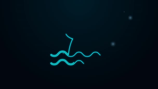 Világító neon vonal bálna farok óceán hullám ikon elszigetelt fekete háttérrel. 4K Videó mozgás grafikus animáció — Stock videók