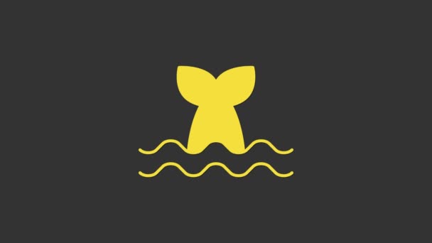 Žlutá velryba ocas v oceánu vlna ikona izolované na šedém pozadí. Grafická animace pohybu videa 4K — Stock video