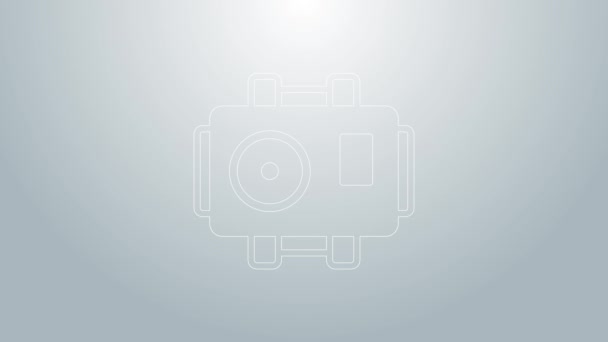 Blauwe lijn Fotocamera voor duiker icoon geïsoleerd op grijze achtergrond. Foto camera icoon. Duiken onder water apparatuur. 4K Video motion grafische animatie — Stockvideo