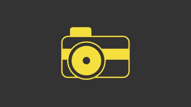Cámara fotográfica amarilla para el icono del buzo aislado sobre fondo gris. Icono de cámara fotográfica. Equipo submarino de buceo. Animación gráfica de vídeo 4K — Vídeos de Stock