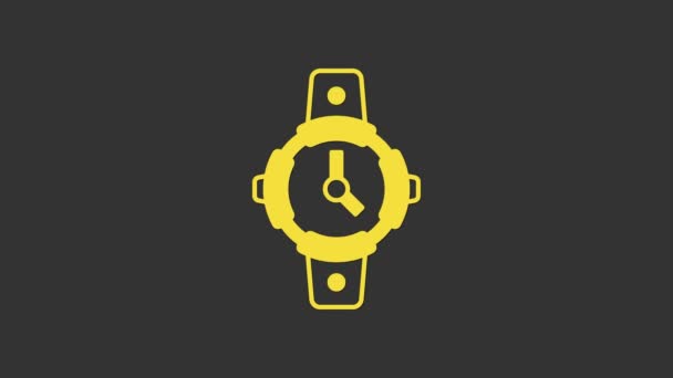Icono de reloj de buceo amarillo aislado sobre fondo gris. Equipo submarino de buceo. Animación gráfica de vídeo 4K — Vídeo de stock