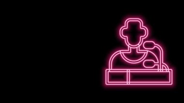 Parlayan neon hattı futbol oyuncusu basın toplantısı simgesi siyah arkaplanda izole edildi. 4K Video hareketli grafik canlandırması