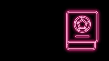 Parlayan neon hattı futbol öğrenme kitabı simgesi siyah arkaplanda izole edildi. 4K Video hareketli grafik canlandırması