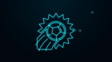 Parlayan neon hattı futbol topu ikonu siyah arka planda izole edildi. Spor malzemeleri. 4K Video hareketli grafik canlandırması