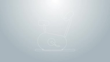 Mavi çizgi sabit bisiklet simgesi gri arkaplanda izole edildi. Egzersiz bisikleti. 4K Video hareketli grafik canlandırması