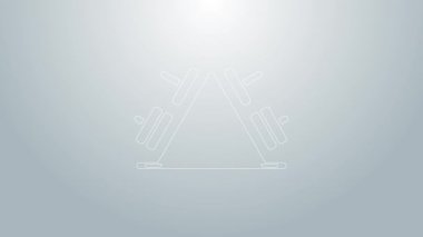 Mavi çizgili metal askı ve gri arka planda halter ikonu için ek ağırlıklar. Vücut geliştirme, fitness, spor, sağlıklı yaşam tarzı konsepti. 4K Video hareketli grafik canlandırması