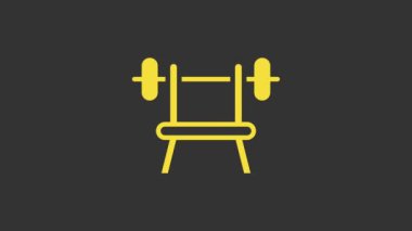 Sarı benç, gri arka planda halter ikonu var. Spor aletleri. Vücut geliştirme, ağırlık kaldırma, fitness konsepti. 4K Video hareketli grafik canlandırması