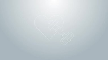 Mavi çizgi Dumbbell. Gri arkaplanda kalp ikonu var. Kas kaldırma, fitness halteri, spor malzemeleri. 4K Video hareketli grafik canlandırması