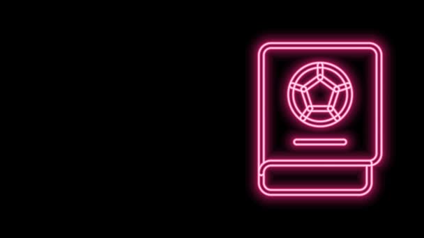 Glowing neon line Ikon buku belajar sepak bola terisolasi di latar belakang hitam. Animasi grafis gerak Video 4K — Stok Video