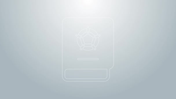 Línea azul Icono de libro de aprendizaje de fútbol aislado sobre fondo gris. Animación gráfica de vídeo 4K — Vídeo de stock