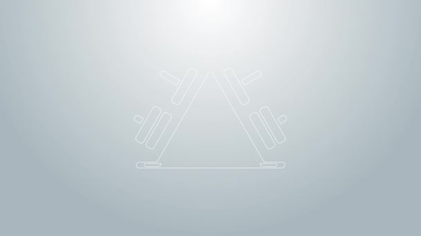 Modrá čára Kovový stojan s přídavnými závažími pro ikonu činky izolovaný na šedém pozadí. Kulturistika, fitness, sport, zdravý životní styl. Grafická animace pohybu videa 4K — Stock video