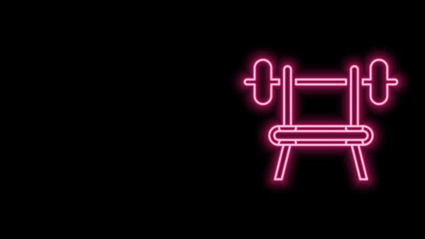Bancada de linha de néon brilhante com ícone de barra isolada no fundo preto. Equipamento de ginástica. Musculação, powerlifting, conceito de fitness. Animação gráfica em movimento de vídeo 4K — Vídeo de Stock