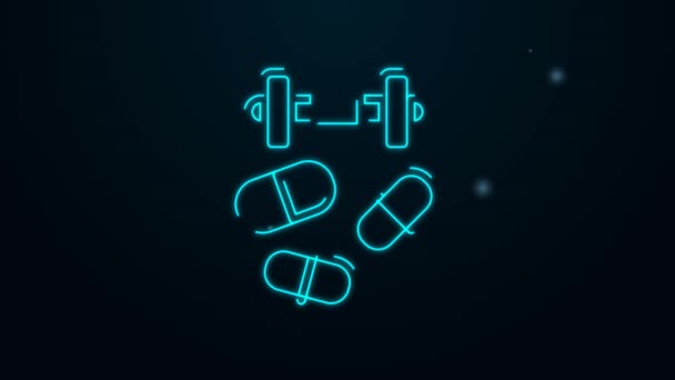 Świecąca neon line Sport doping, leki anaboliczne z ikoną hantli izolowane na czarnym tle. Tabletka sterydów anabolicznych. Pigułki w słoiku. 4K Animacja graficzna ruchu wideo — Wideo stockowe
