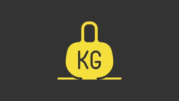 Icono de Peso Amarillo aislado sobre fondo gris. Bloque de peso de kilogramo para levantamiento de pesas y báscula. Símbolo masivo. Animación gráfica de vídeo 4K — Vídeos de Stock