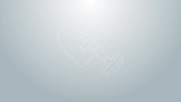 Dumbbell linea blu con icona del cuore isolato su sfondo grigio. Sollevamento muscolare, bilanciere fitness, attrezzature sportive. Animazione grafica 4K Video motion — Video Stock