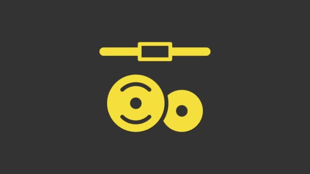 Yellow Barbell icon isolated on grey background. Muscle lifting icon, fitness barbell, gym, sports equipment, exercise bumbbell. 4K Video motion graphic animation — Stock Video