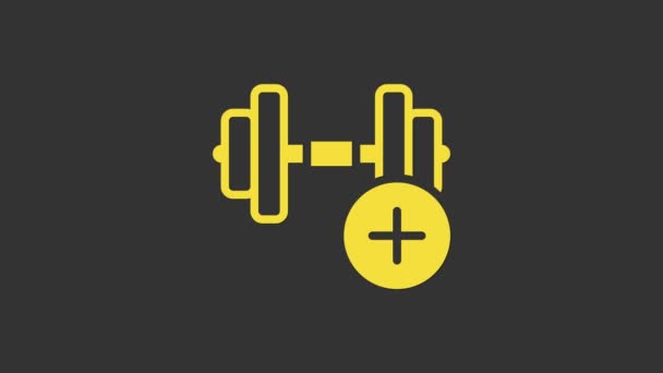 Желтый значок Дамбелла выделен на сером фоне. Подтягивание мышц, фитнес штанга, спортивный инвентарь. Видеографическая анимация 4K — стоковое видео