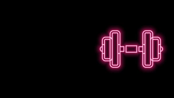 Zářící neonová čára ikona Brumbála izolovaná na černém pozadí. Svalové zvedání, fitness činky, sportovní vybavení. Grafická animace pohybu videa 4K — Stock video