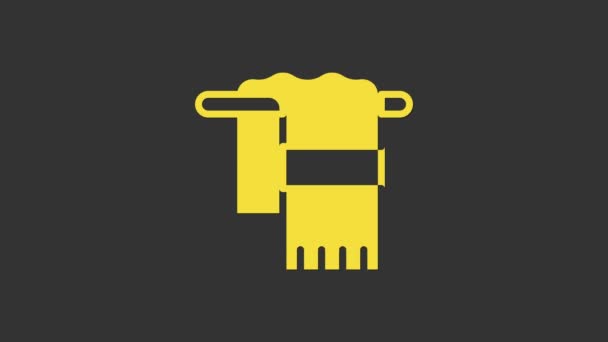 Yellow Towel on hanger icon isolated on grey background. Bathroom towel icon. 4K Video motion graphic animation — Stock Video