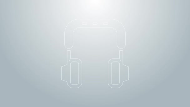Niebieska linia Słuchawki ikona izolowane na szarym tle. Słuchawki. Koncepcja słuchania muzyki, obsługi, komunikacji i operatora. 4K Animacja graficzna ruchu wideo — Wideo stockowe