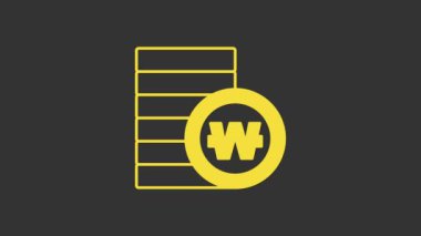 Sarı Güney Kore, gri arka planda izole edilmiş madeni para ikonu kazandı. Güney Kore para birimi işi, ödeme ve finans. 4K Video hareketli grafik canlandırması