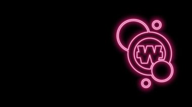 Parlayan neon hattı Güney Kore siyah arka planda izole edilmiş madeni para ikonu kazandı. Güney Kore para birimi işi, ödeme ve finans. 4K Video hareketli grafik canlandırması