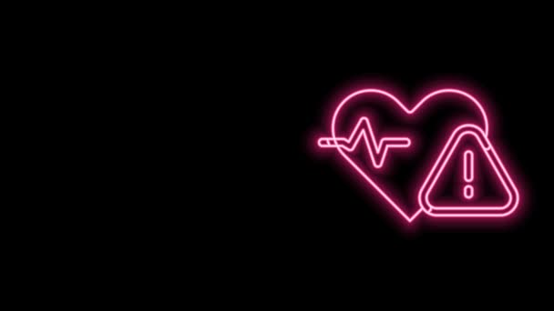 Сяюча неонова лінія Піктограма частоти серцевих скорочень ізольована на чорному тлі. Знак серцебиття. Значок пульсу серця. Піктограма кардіограми. 4K Відео рух графічна анімація — стокове відео