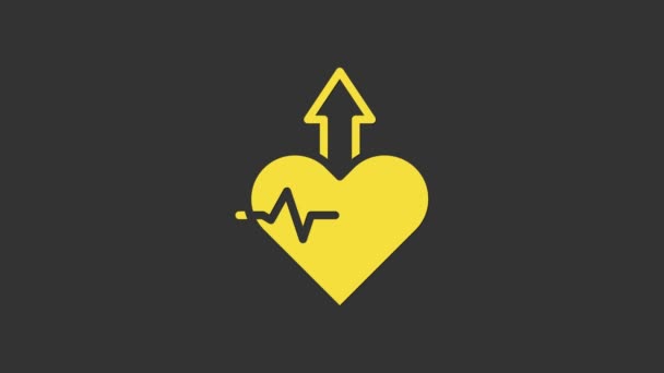 Yellow Heartbeat aumentar icono aislado sobre fondo gris. Aumento de la frecuencia cardíaca. Animación gráfica de vídeo 4K — Vídeos de Stock