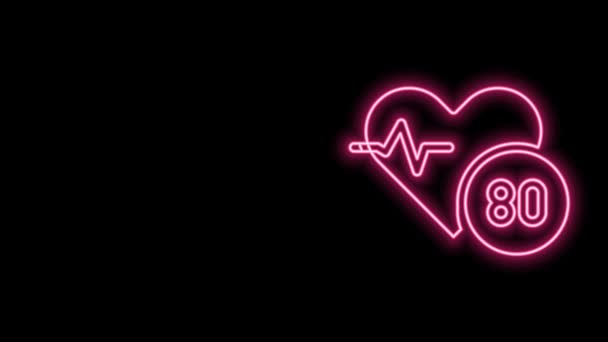 Светящаяся неоновая линия Значок сердечного ритма выделен на черном фоне. Знак сердцебиения. Икона пульса сердца. Значок кардиограммы. Видеографическая анимация 4K — стоковое видео