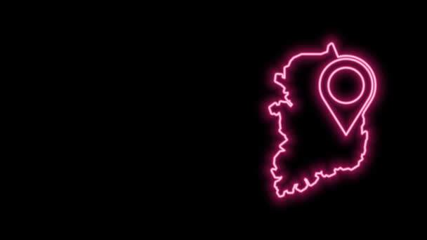 Gloeiende neon lijn Zuid-Korea kaart pictogram geïsoleerd op zwarte achtergrond. 4K Video motion grafische animatie — Stockvideo