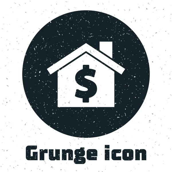 Casa Grunge con símbolo del dólar icono aislado sobre fondo blanco. Hogar y dinero. Concepto inmobiliario. Dibujo vintage monocromo. Vector — Vector de stock