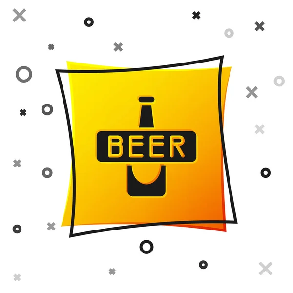 Fekete sörösüveg ikon elszigetelt fehér háttérrel. Sárga négyzet gomb. Vektor — Stock Vector