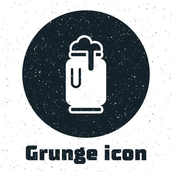 Grunge Beer puede con icono de espuma aislado sobre fondo blanco. Dibujo vintage monocromo. Vector — Vector de stock