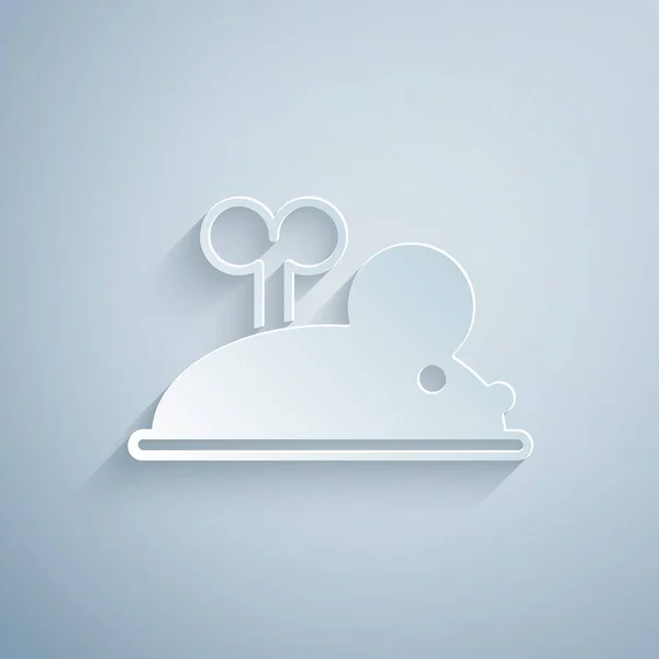 Paper cut Clockwork mouse icon isolated on grey background. Wind up mouse toy. Paper art style. Vector — 스톡 벡터