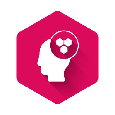 Beyaz Arıcı simgesi uzun gölge arkaplanı ile izole edildi. Özel koruyucu üniforma. Pembe altıgen düğmesi. Vektör