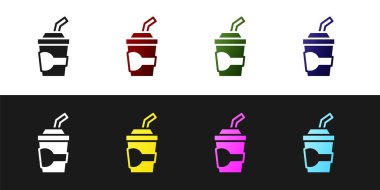 Siyah ve beyaz arka planda izole edilmiş pipet ve su ikonu ile kağıt bardak ayarla. Soda bardağı. Taze soğuk içecek sembolü. Vektör