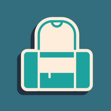 Yeşil spor çantası simgesi yeşil arkaplanda izole edildi. Uzun gölge tarzı. Vektör