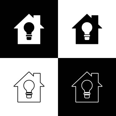 Smart House ve ampul simgesini siyah ve beyaz arkaplanda izole et. Vektör