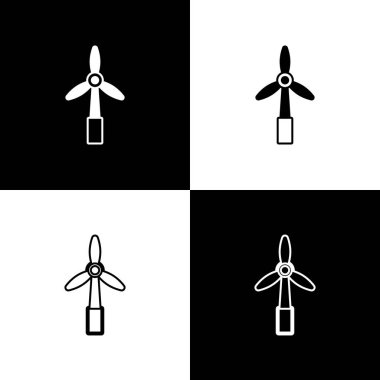 Rüzgar türbini simgesini siyah ve beyaz arkaplanda izole et. Rüzgar jeneratörü işareti. Elektrik üretimi için yel değirmeni. Vektör