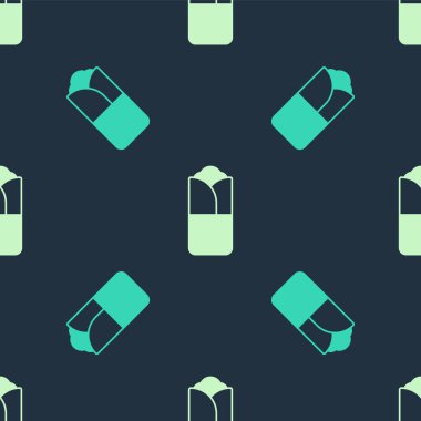 Yeşil ve bej Burrito ikonu mavi arka planda izole edilmiş pürüzsüz desen. Geleneksel Meksika fast food 'u. Vektör