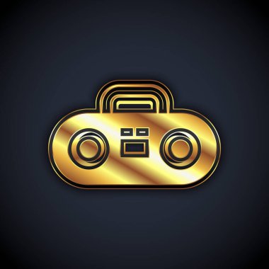 Siyah zemin üzerinde iki hoparlör simgesi olan Gold Home müzik seti. Müzik sistemi. Vektör