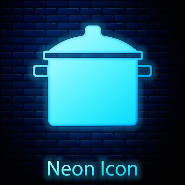 Glowing neon Cooking pot icon isolated on brick wall background. Boil or stew food symbol. Vector — Stock Vector