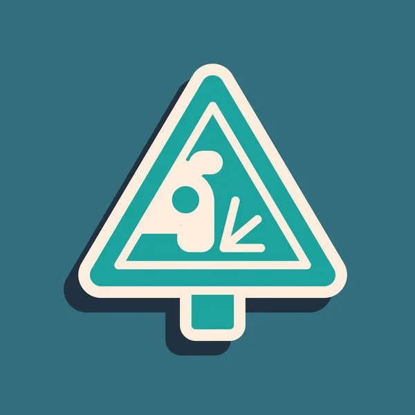 Green Warning útjelző dobás kő anyagok ikon elszigetelt zöld háttérrel. Közlekedési szabályok és biztonságos vezetés. Hosszú árnyék stílus. Vektor — Stock Vector