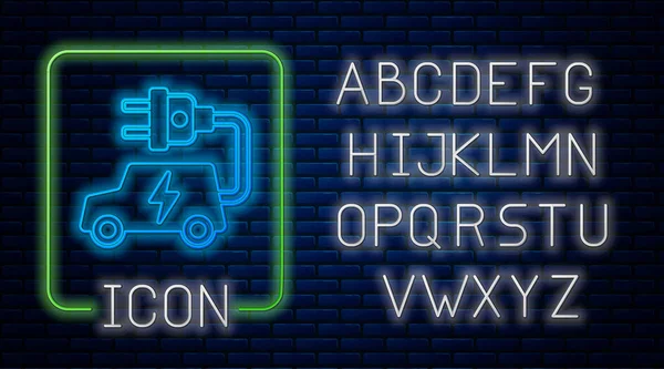 Leuchtende Neon-Elektroauto und elektrische Kabelstecker Ladesymbol isoliert auf Ziegelwand Hintergrund. Erneuerbare Ökotechnologien. Neonlicht-Alphabet. Vektor — Stockvektor