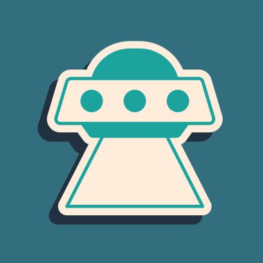 Yeşil UFO uçan uzay gemisi simgesi yeşil arkaplanda izole edildi. Uçan daire. Uzaylı uzay gemisi. Gelecekteki bilinmeyen uçan nesne. Uzun gölge tarzı. Vektör