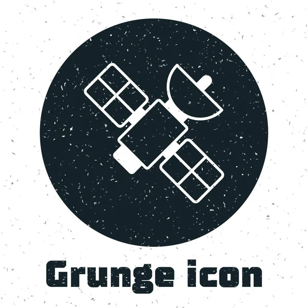 Grunge Ícone de satélite isolado no fundo branco. Desenho vintage monocromático. Vetor — Vetor de Stock