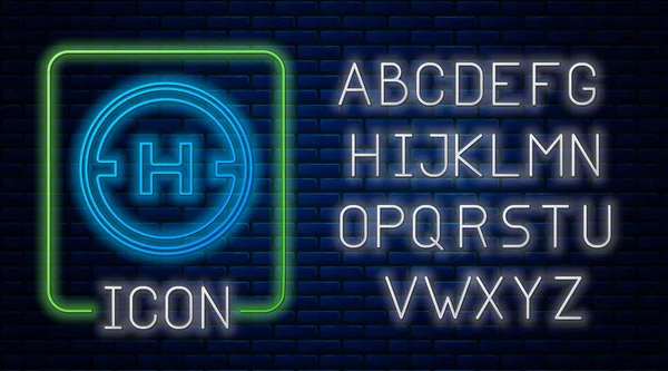 Brilhante neon Helicóptero ícone almofada de pouso isolado no fundo da parede de tijolo. Helicóptero, área, plataforma, letra H. Alfabeto claro de néon. Vetor — Vetor de Stock