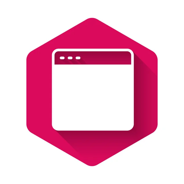 Icona della finestra del browser bianco isolata con sfondo lungo ombra. Bottone esagonale rosa. Vettore — Vettoriale Stock