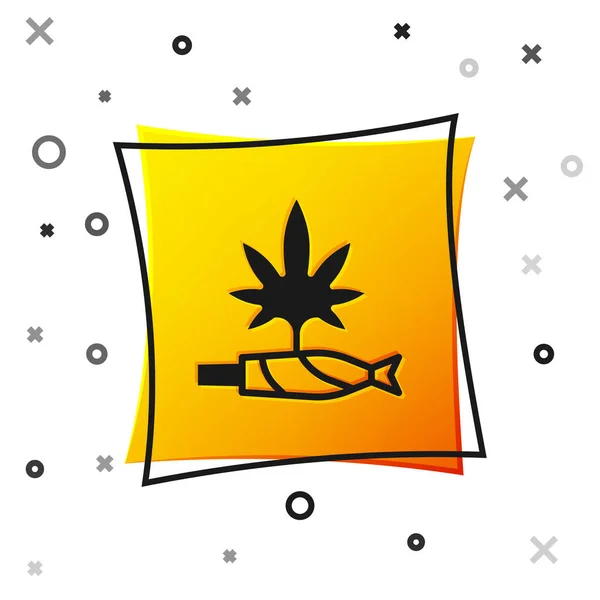 Siyah marihuana mekanı, beyaz arka planda izole edilmiş sigara ikonu. Uyuşturuculu sigara, esrar sarılmış sigara. Sarı kare düğme. Vektör — Stok Vektör