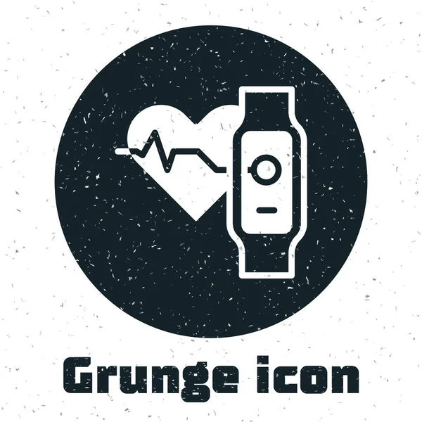 Grunge Relógio inteligente mostrando o ícone de ritmo cardíaco isolado no fundo branco. Conceito de Fitness App. Desenho vintage monocromático. Vetor — Vetor de Stock